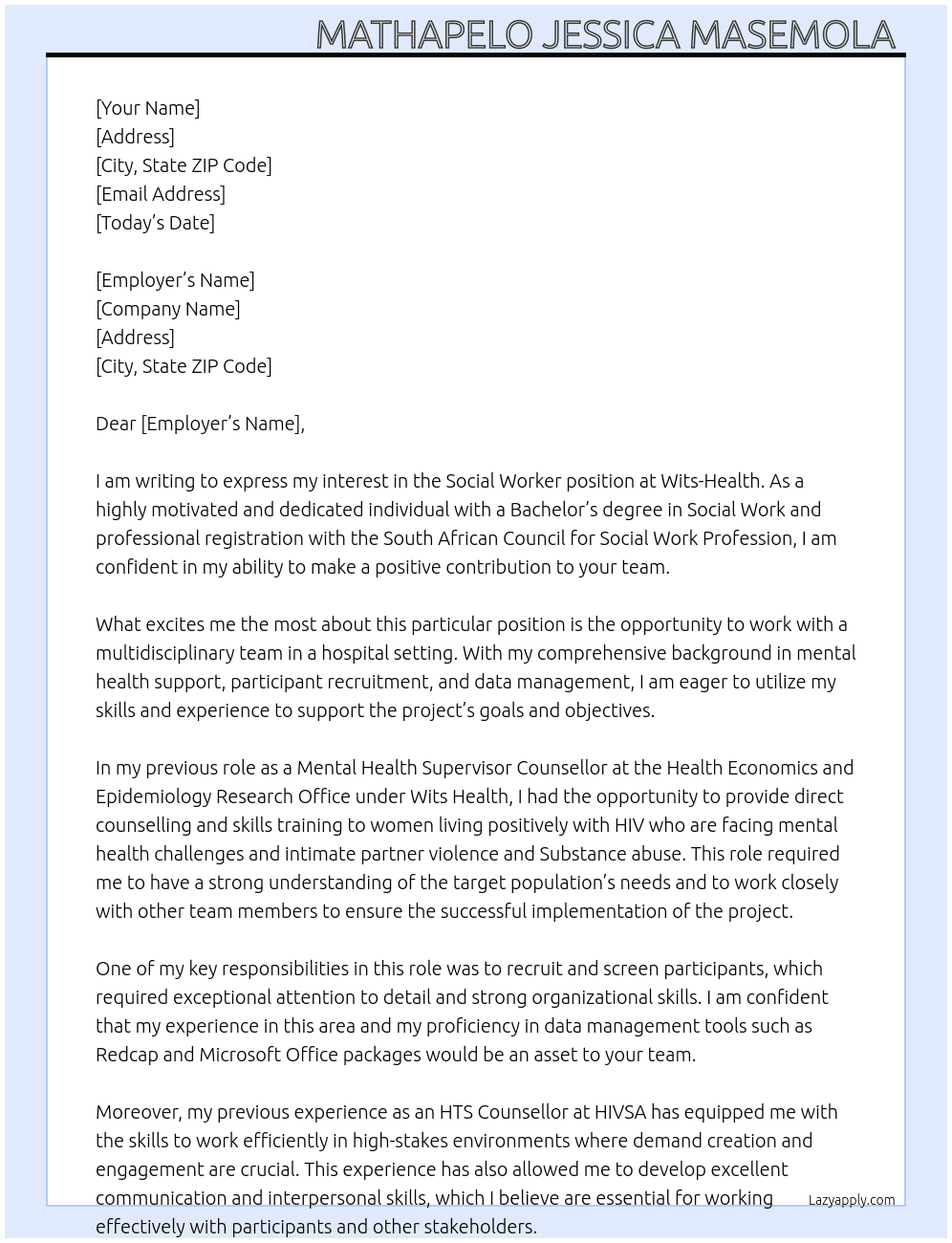 SOCIAL WORKER  At Wits-Health  Cover Letter