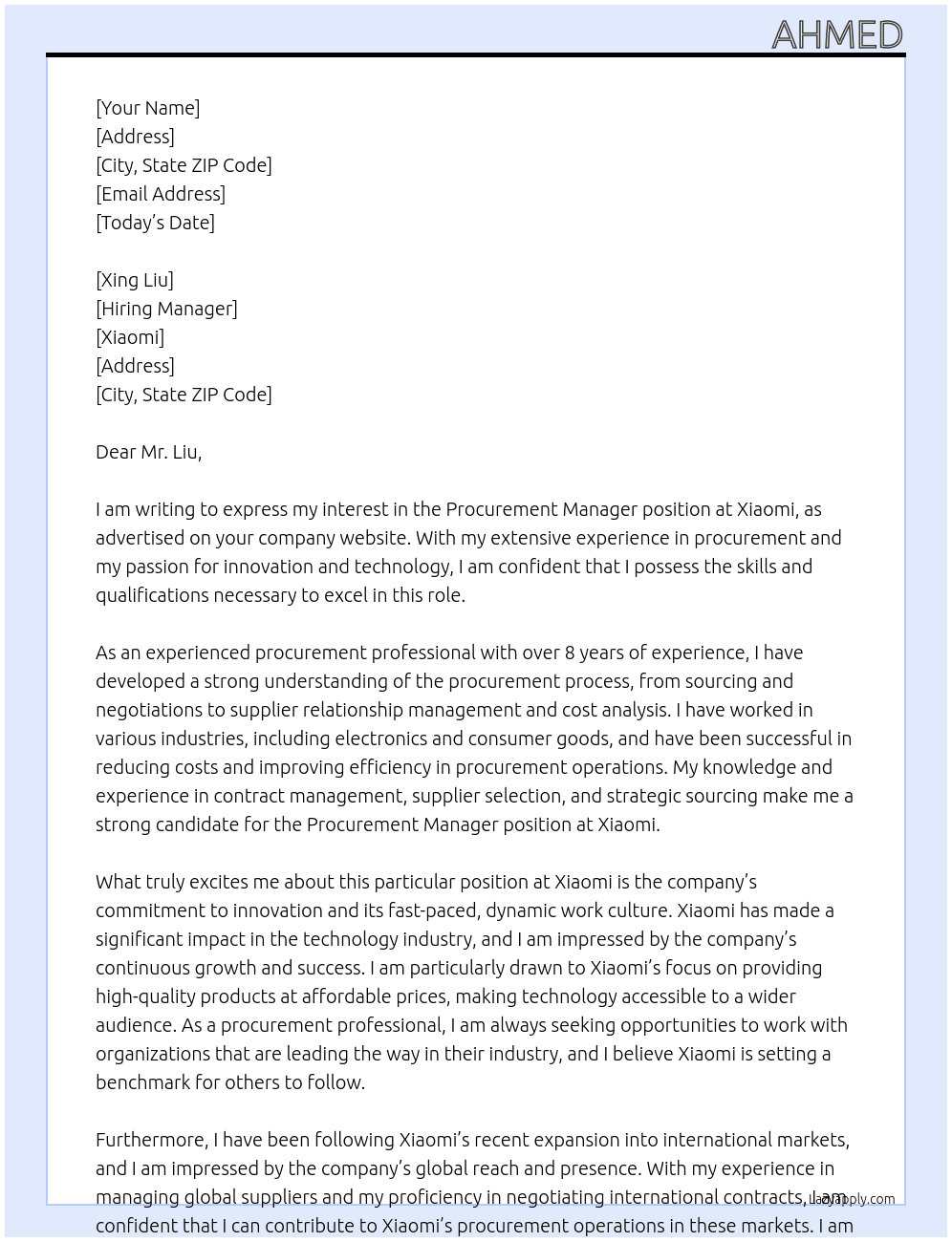 Procurement manager At xiaomi Cover Letter