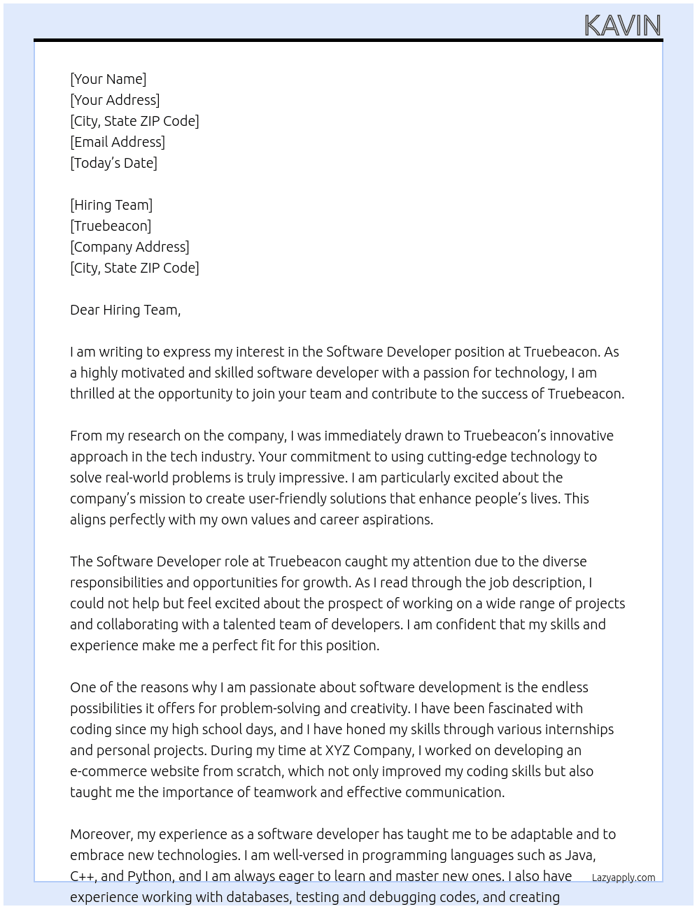 software developer At truebeacon Cover Letter
