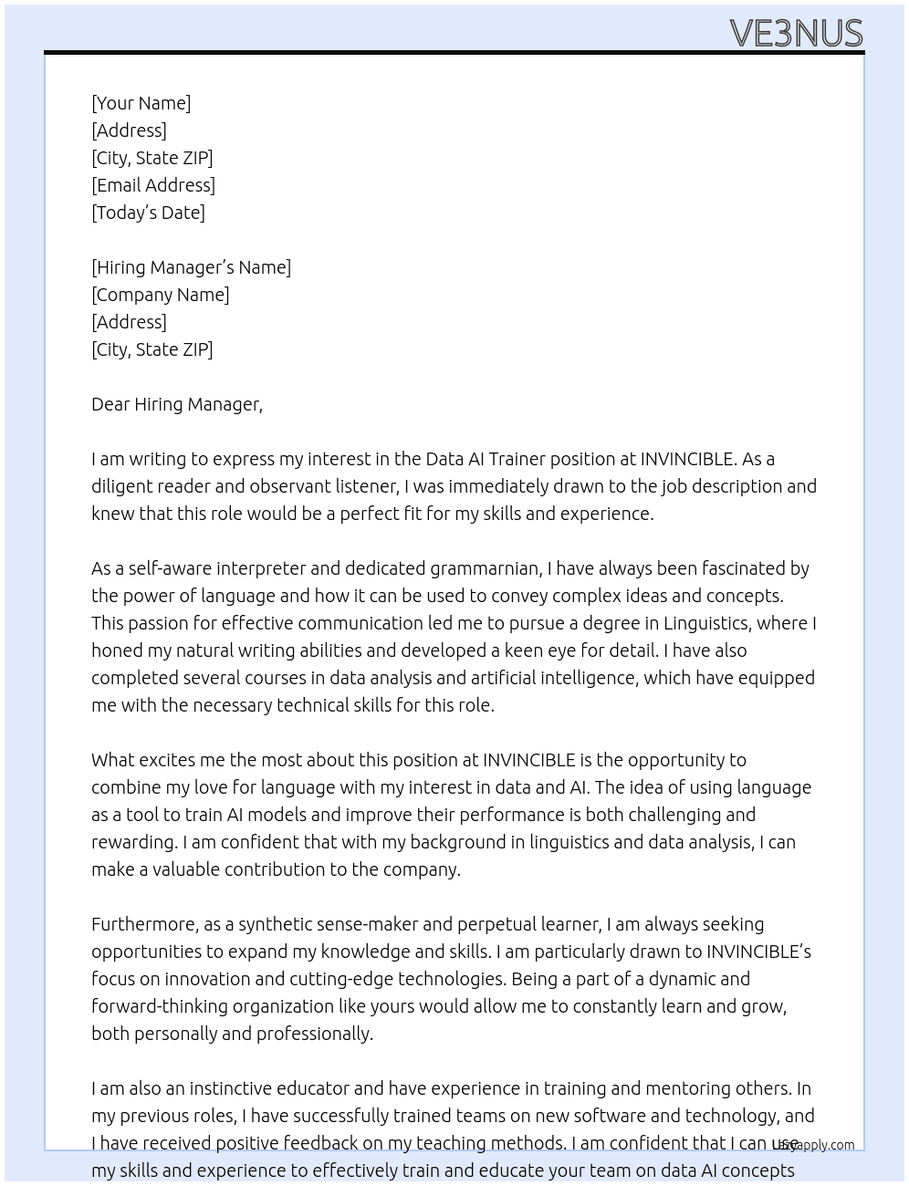 Data AI TRAINER At INVINCIBLE Cover Letter