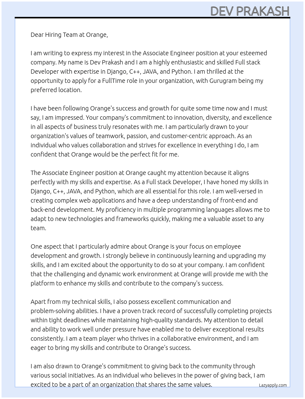 Associate Engineer At Orange Cover Letter