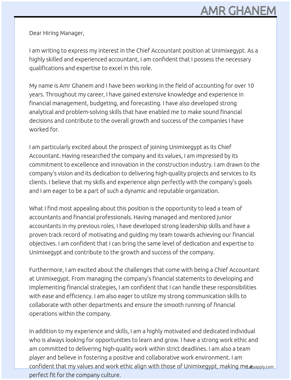 cheif accountat At unimixegypt Cover Letter