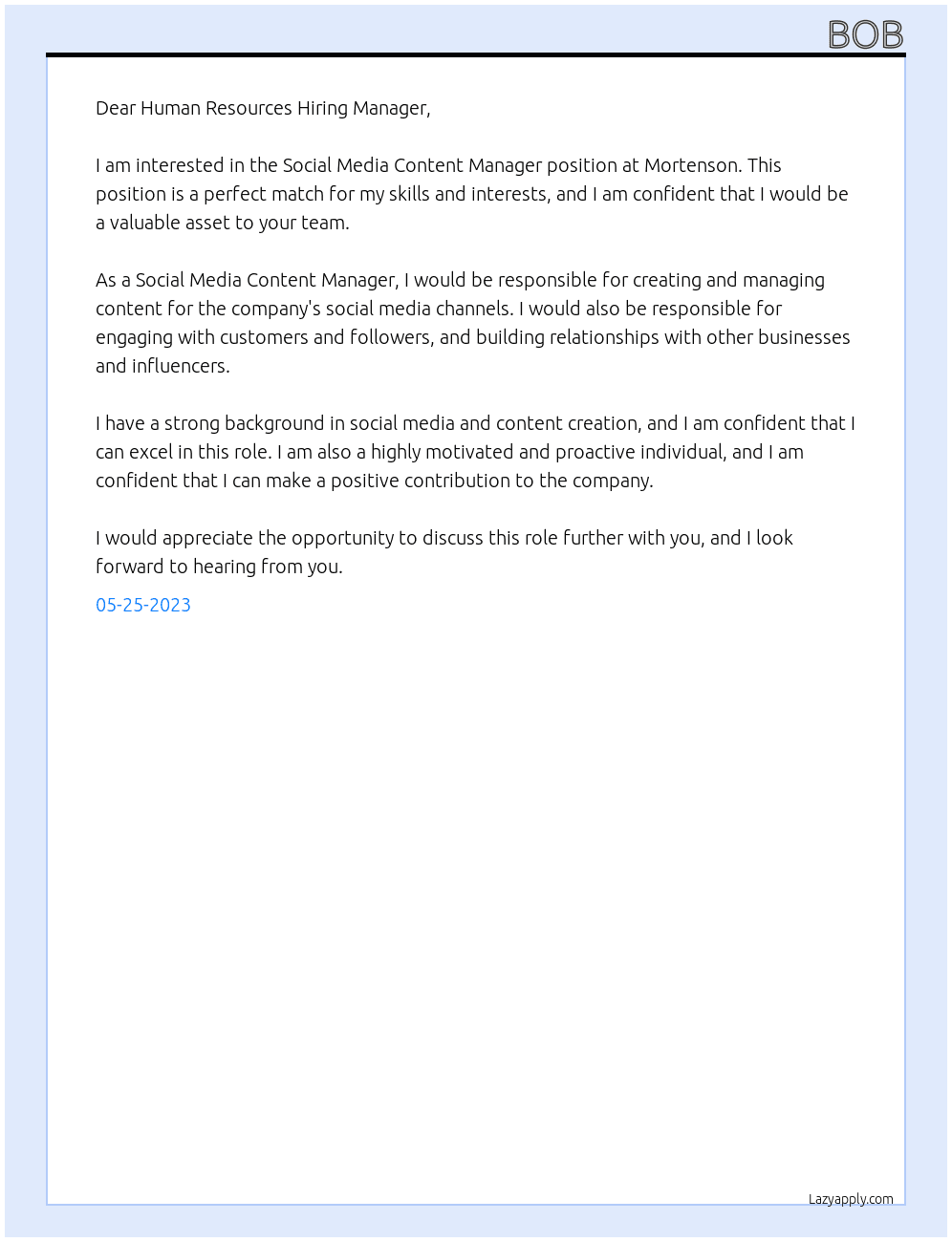 Social Media Content Manager  At Mortenson Cover Letter
