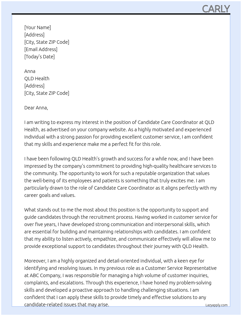 Candidate Care Coordinator At QLD Health Cover Letter