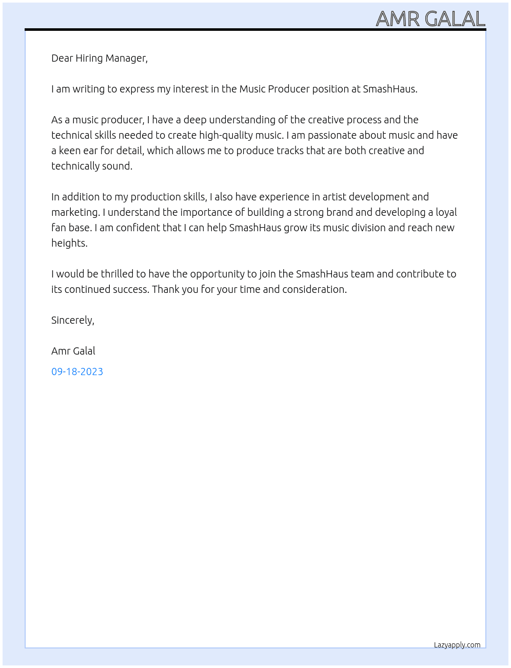 Music Producer At SmashHaus Cover Letter