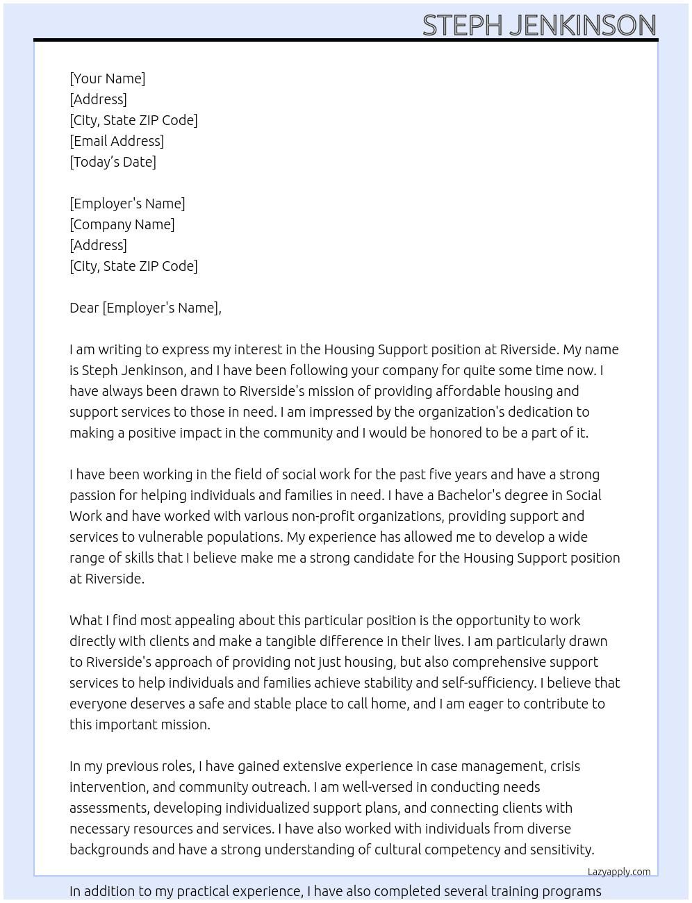 housing support  At riverside Cover Letter