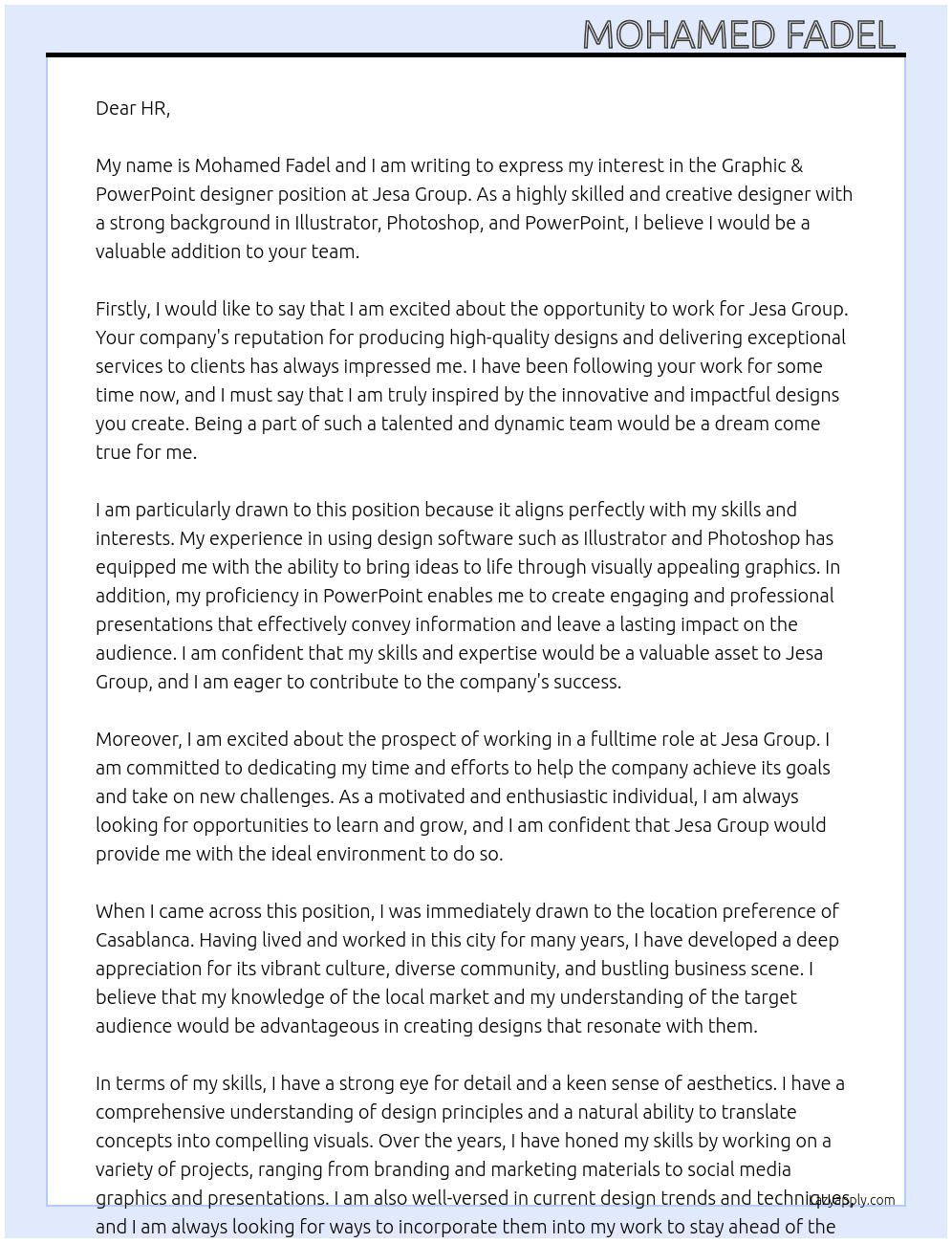 Graphic & PowerPoint designer At Jesa group Cover Letter