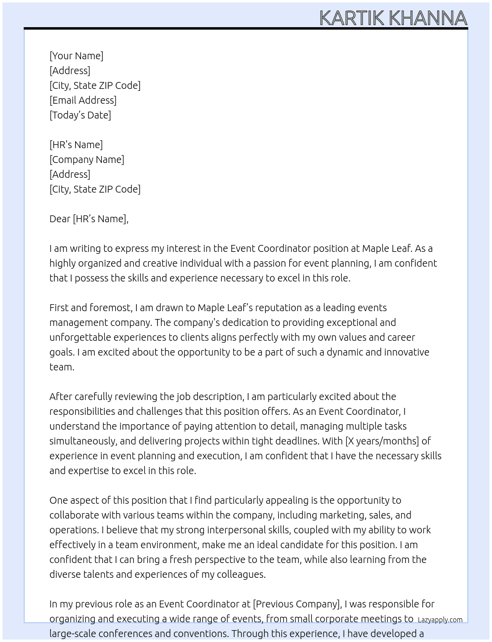 Event Cordinator At Maple Leaf Cover Letter