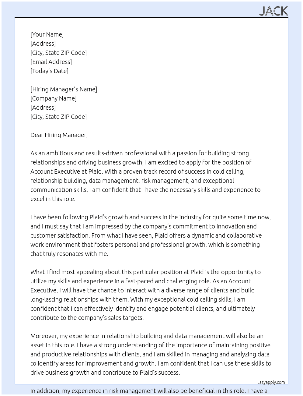 Account Executive At Plaid Cover Letter