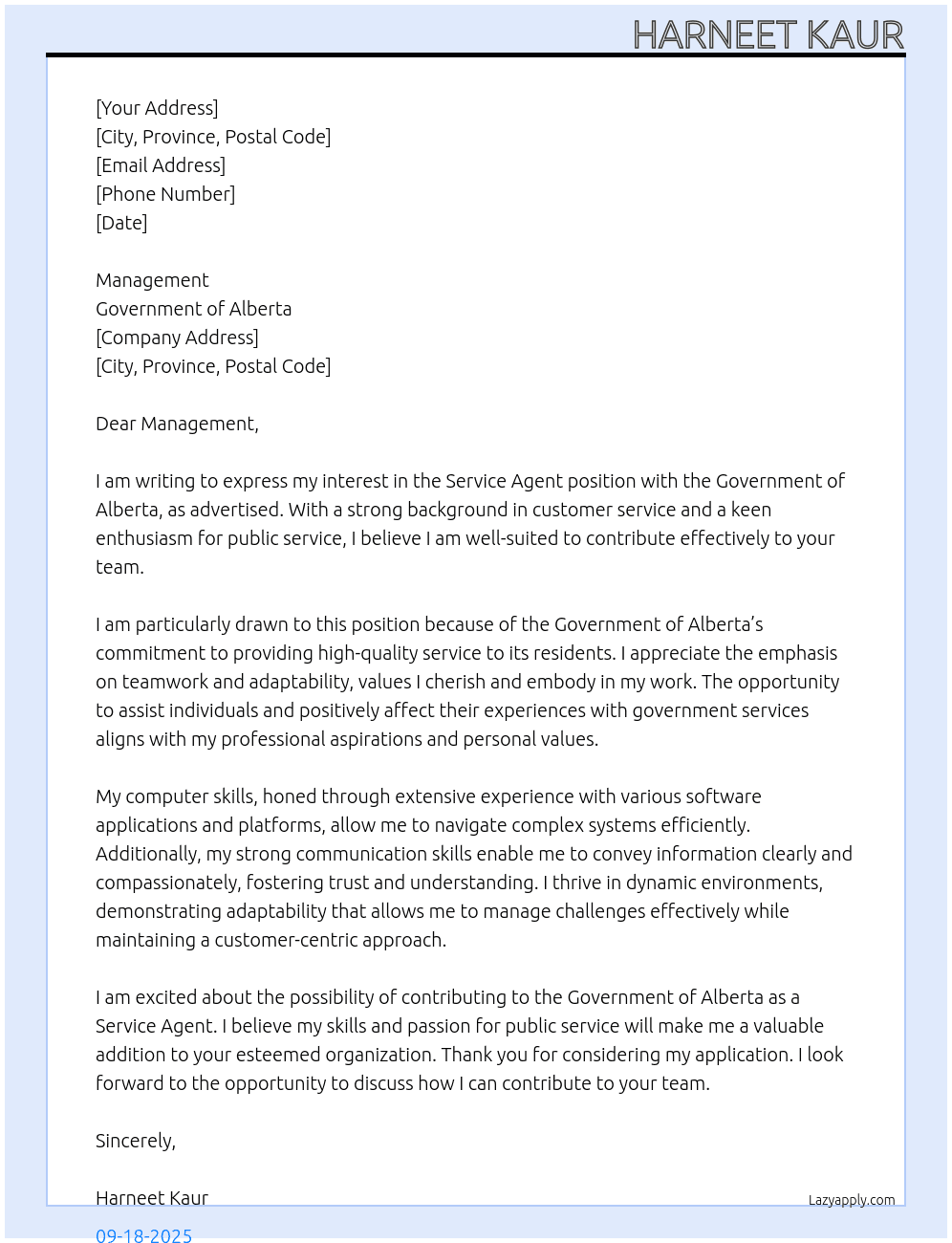 SERVICE AGENT At GOVERNMENT OF ABLERTA Cover Letter