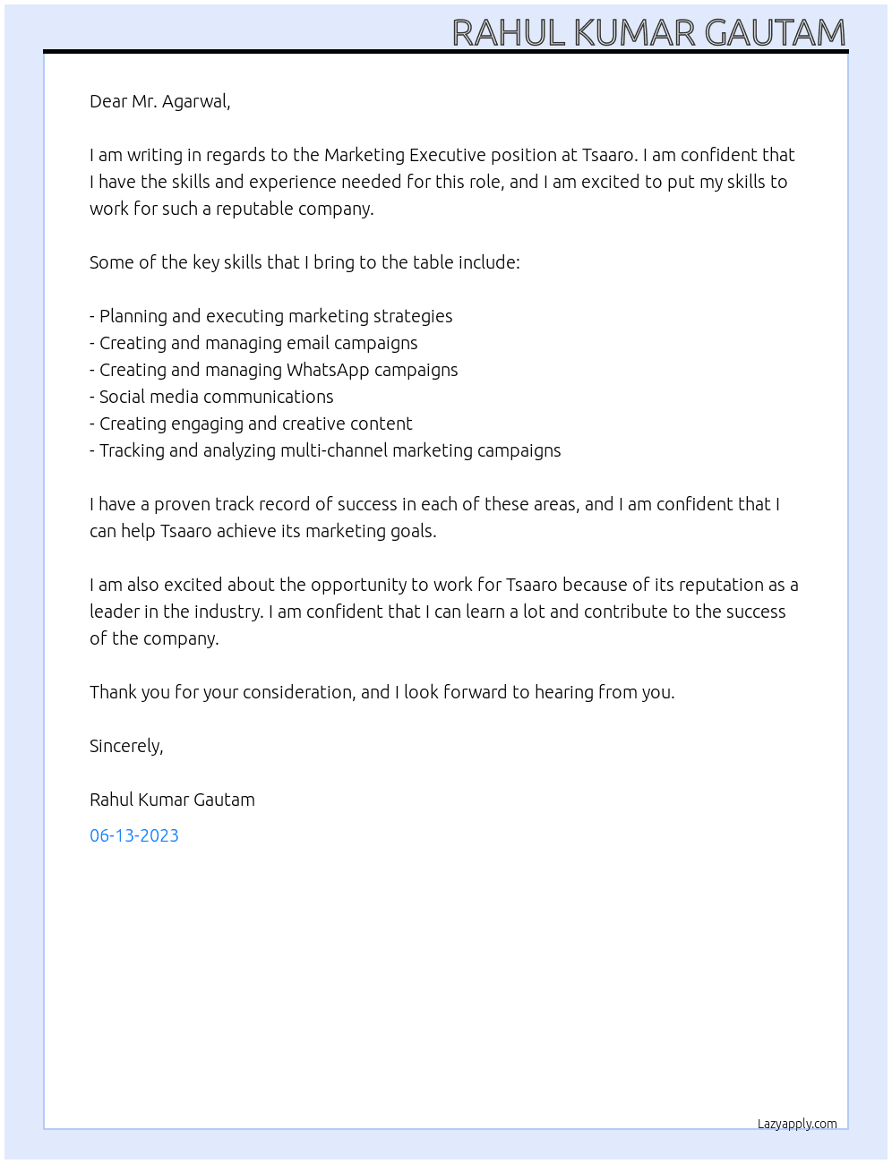 Marketing Executive  At Tsaaro Cover Letter