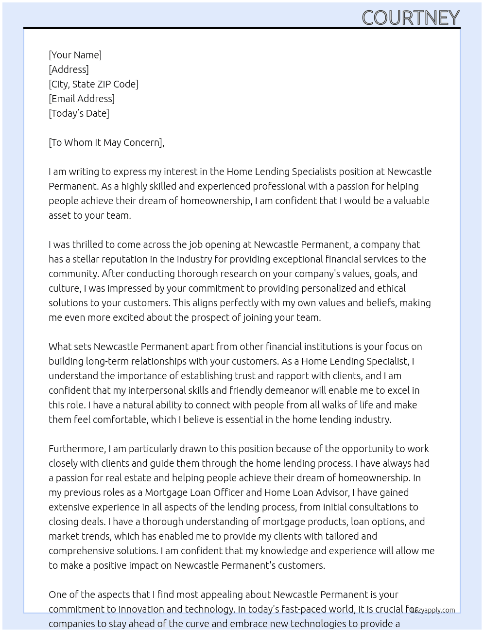 Home lending specialists  At Newcastle permanent  Cover Letter