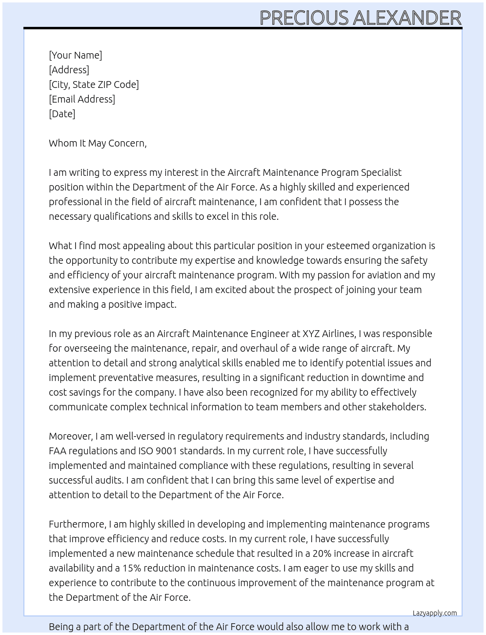 Aircraft Maintenance Program Specialist At Department of the Air Force Cover Letter