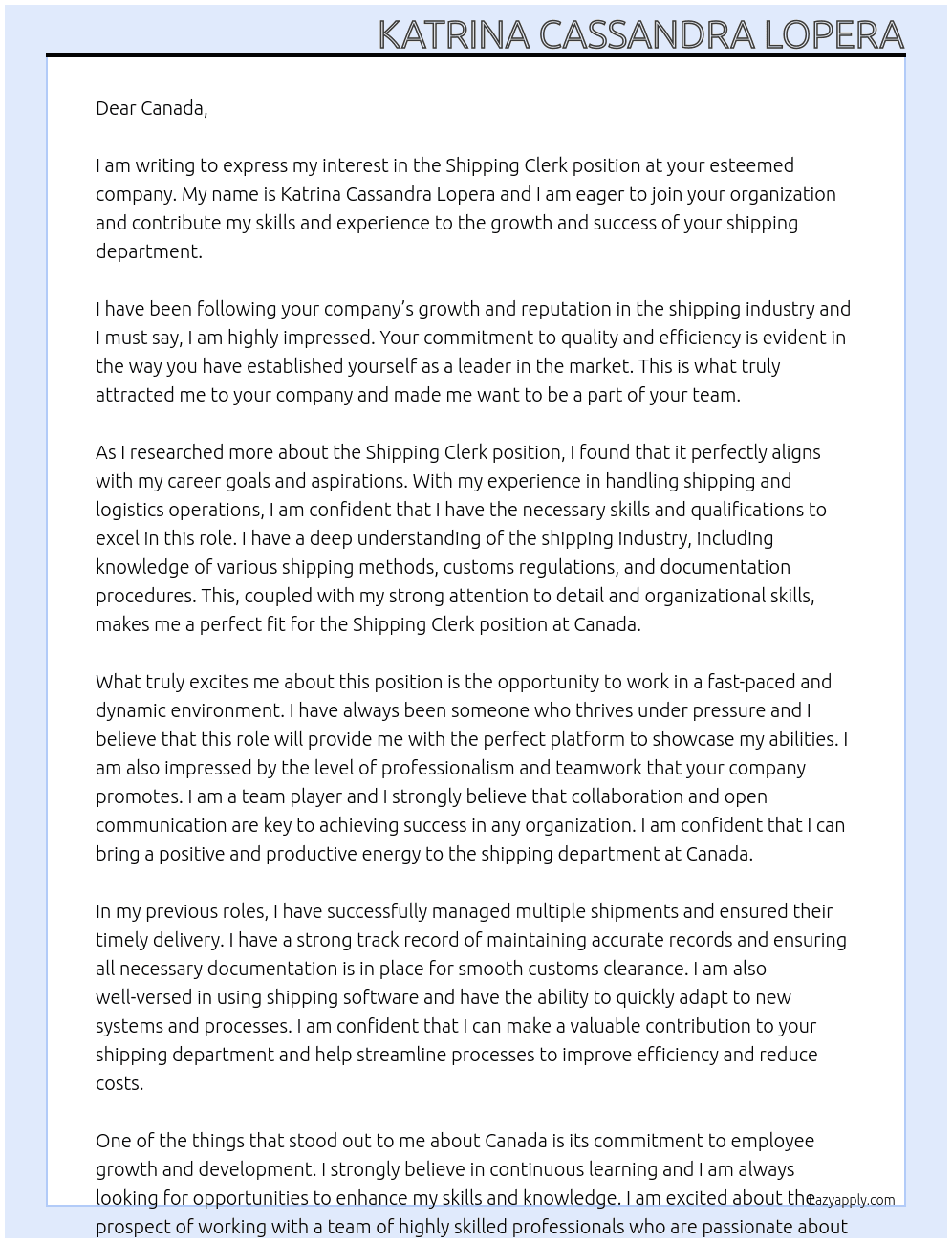 Shipping clerk At Canada Cover Letter