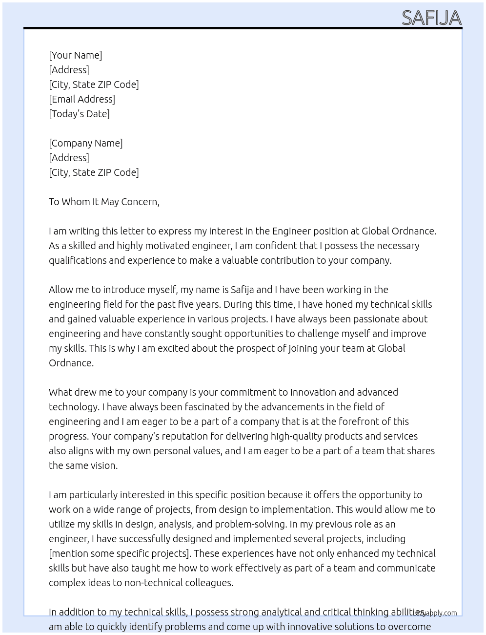 Engineer At Global Ordnance Cover Letter