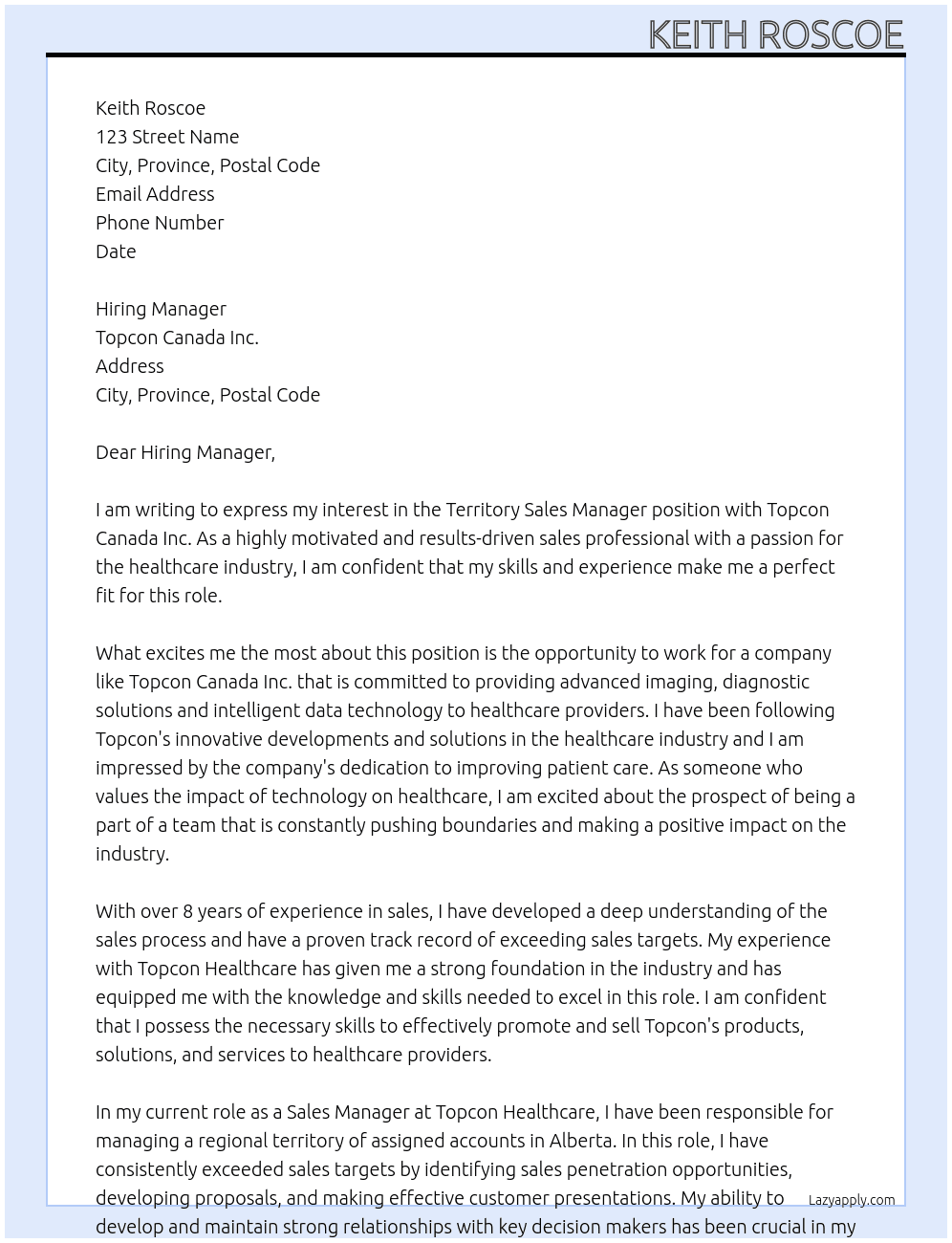 Territory Sales Manager At Topcon Canada Inc. Cover Letter