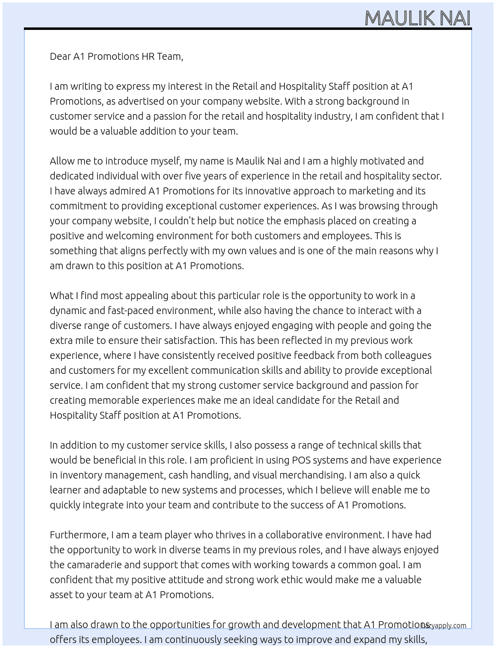 Retail And Hospitality Staff At A1 Promotions Cover Letter