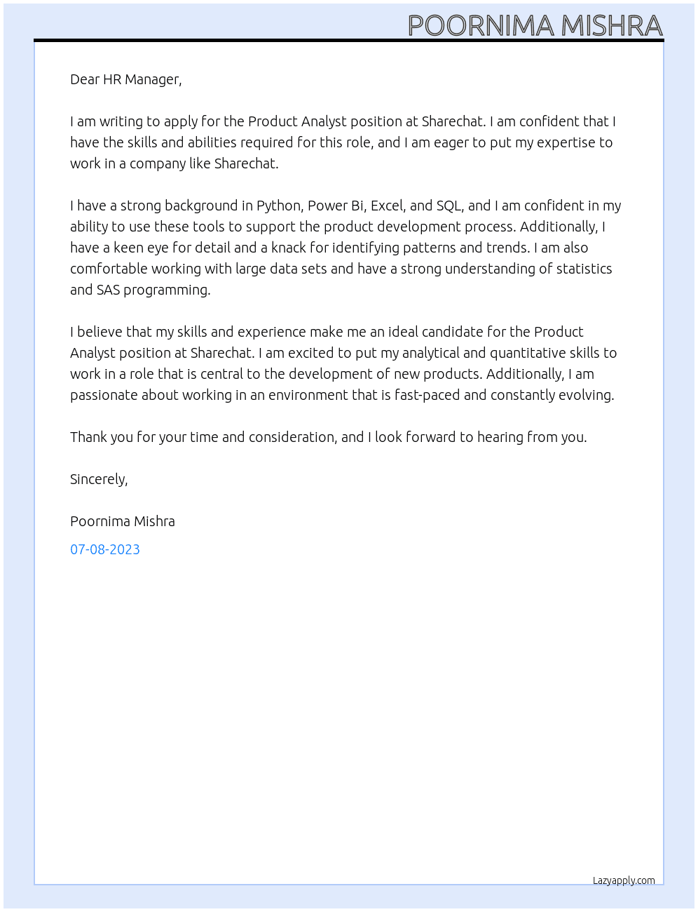 Product Analyst  At Sharechat Cover Letter