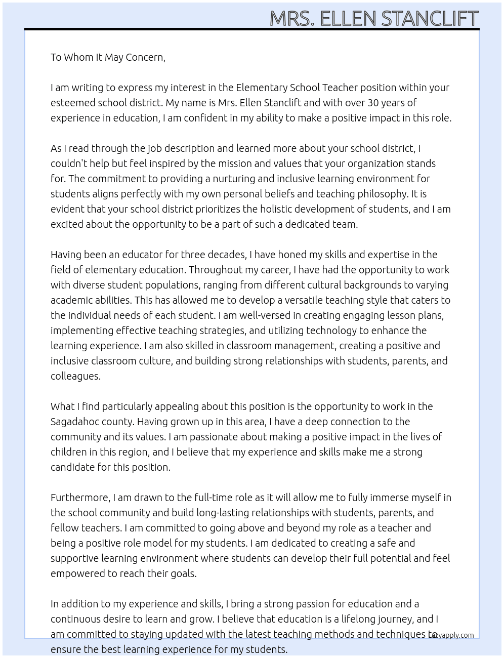 Elementary School Teacher At school district Cover Letter