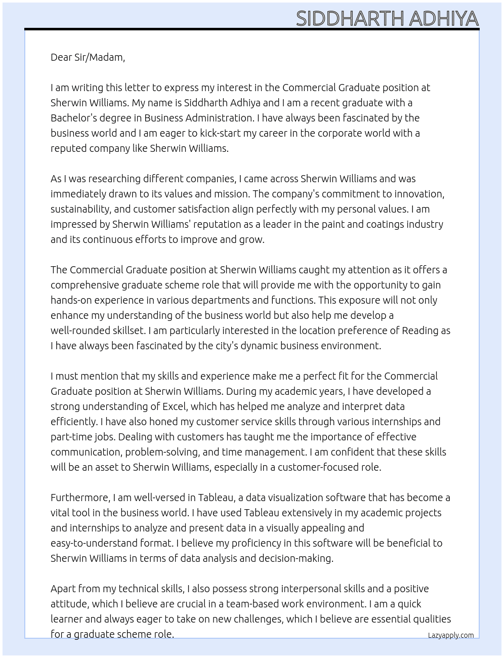 Commercial Graduate At Sherwin Williams Cover Letter