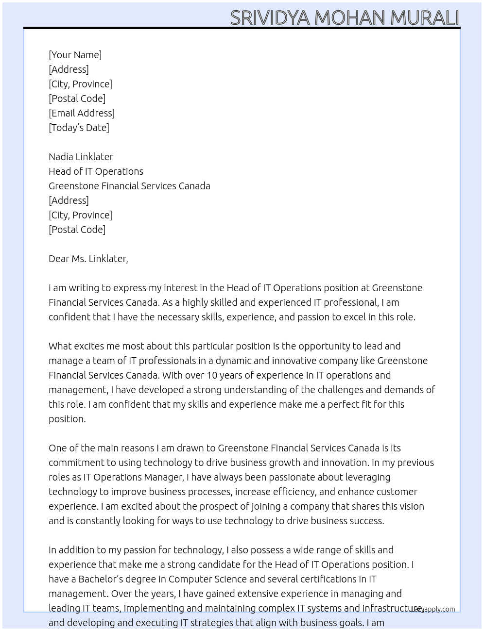 Head of IT Operations At Greenstone Financial Services Canada Cover Letter