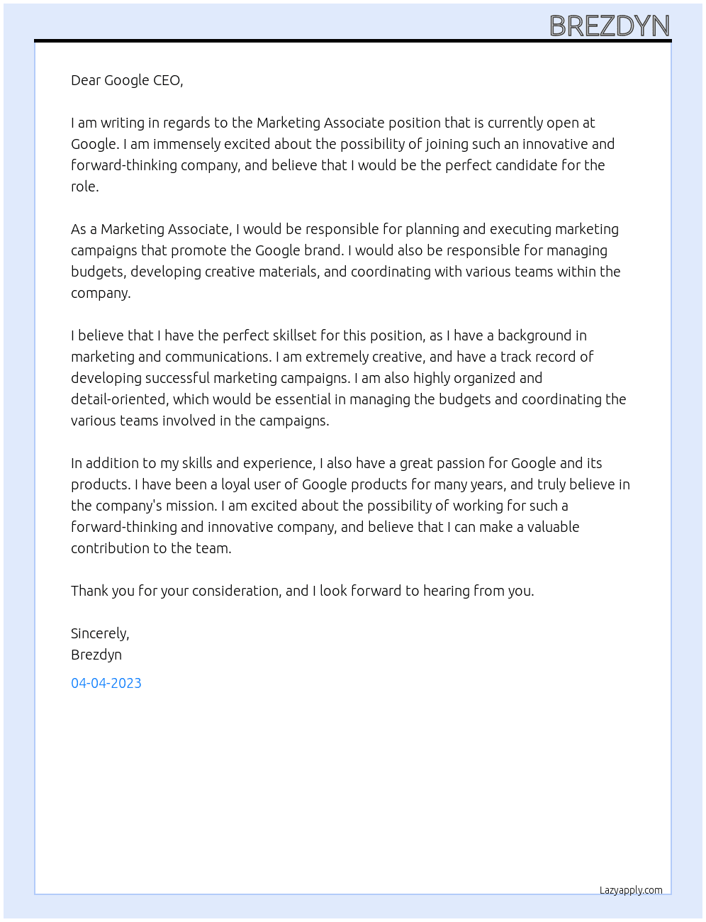 Marketing Associate At Google Cover Letter