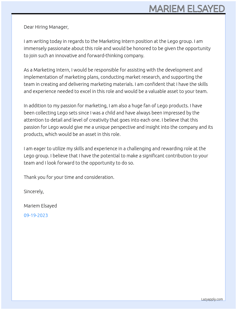Marketing Intern At the Lego group Cover Letter