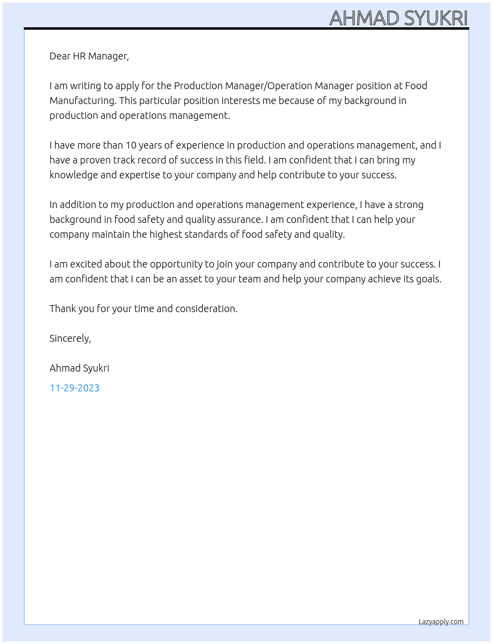Production Manager/Operation Manager At Food Manufacturing Cover Letter