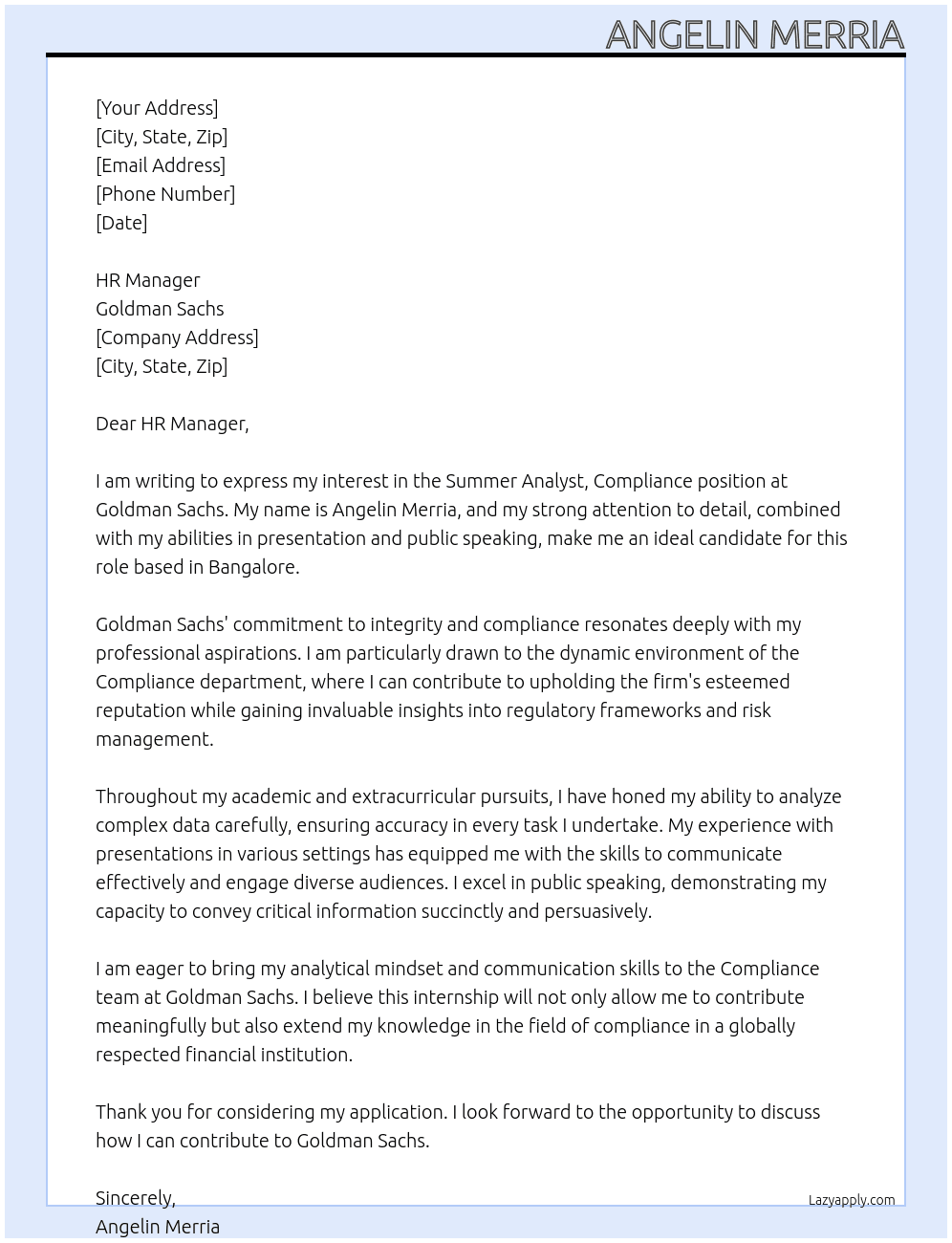 Cover letter for summer analyst, compliance - LazyApply