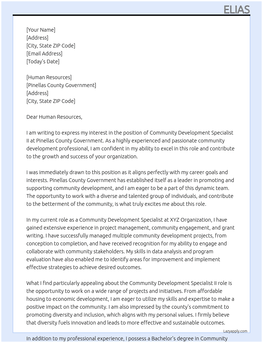 Community Development Specialist II At Pinellas County Government Cover Letter