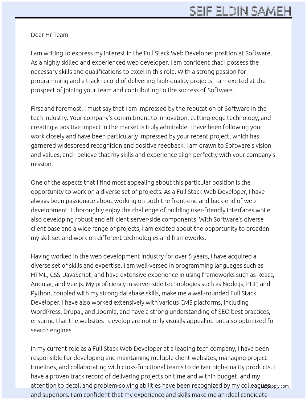 Full Stack Web Developer At Software Cover Letter