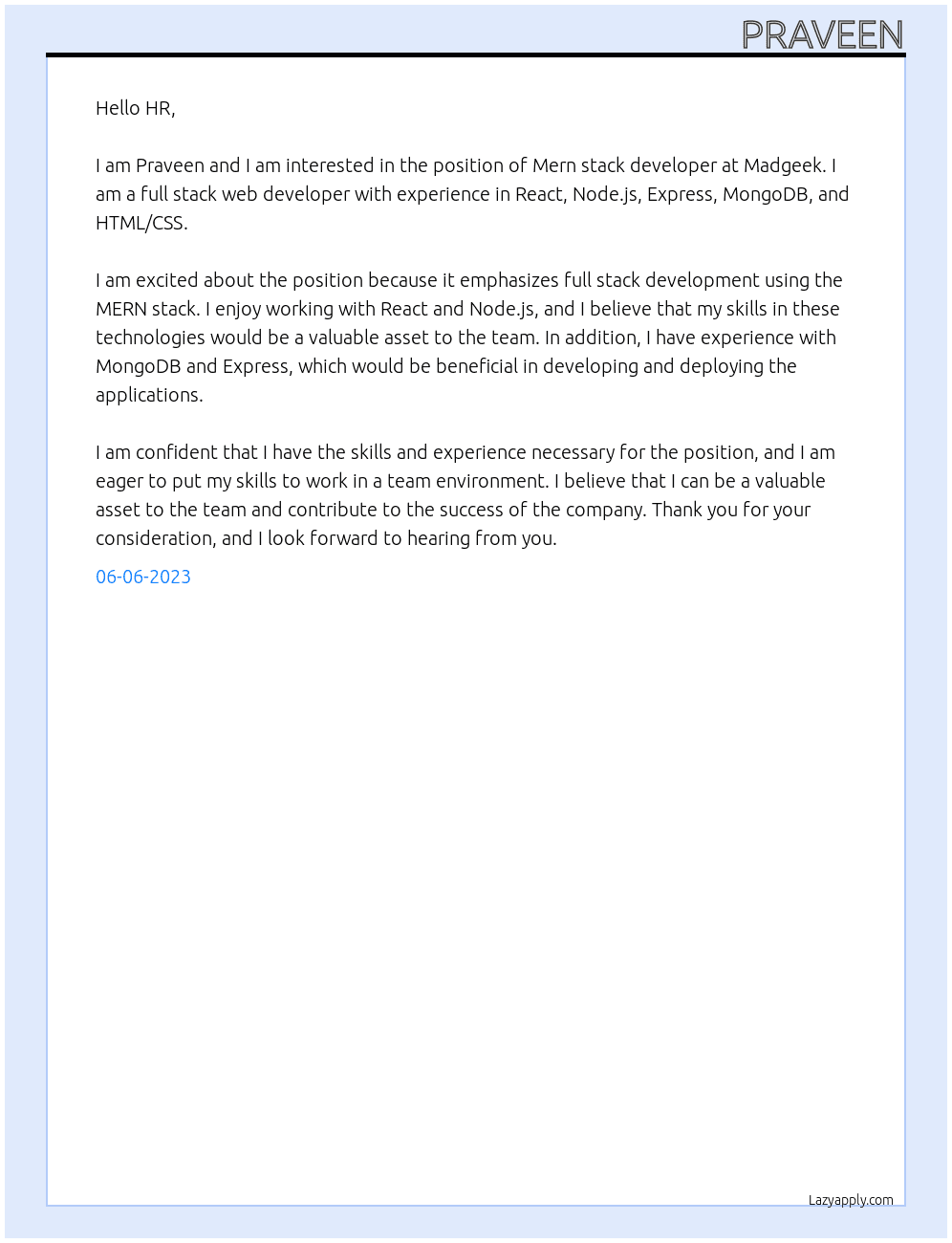 Mern stack developer At Madgeek Cover Letter
