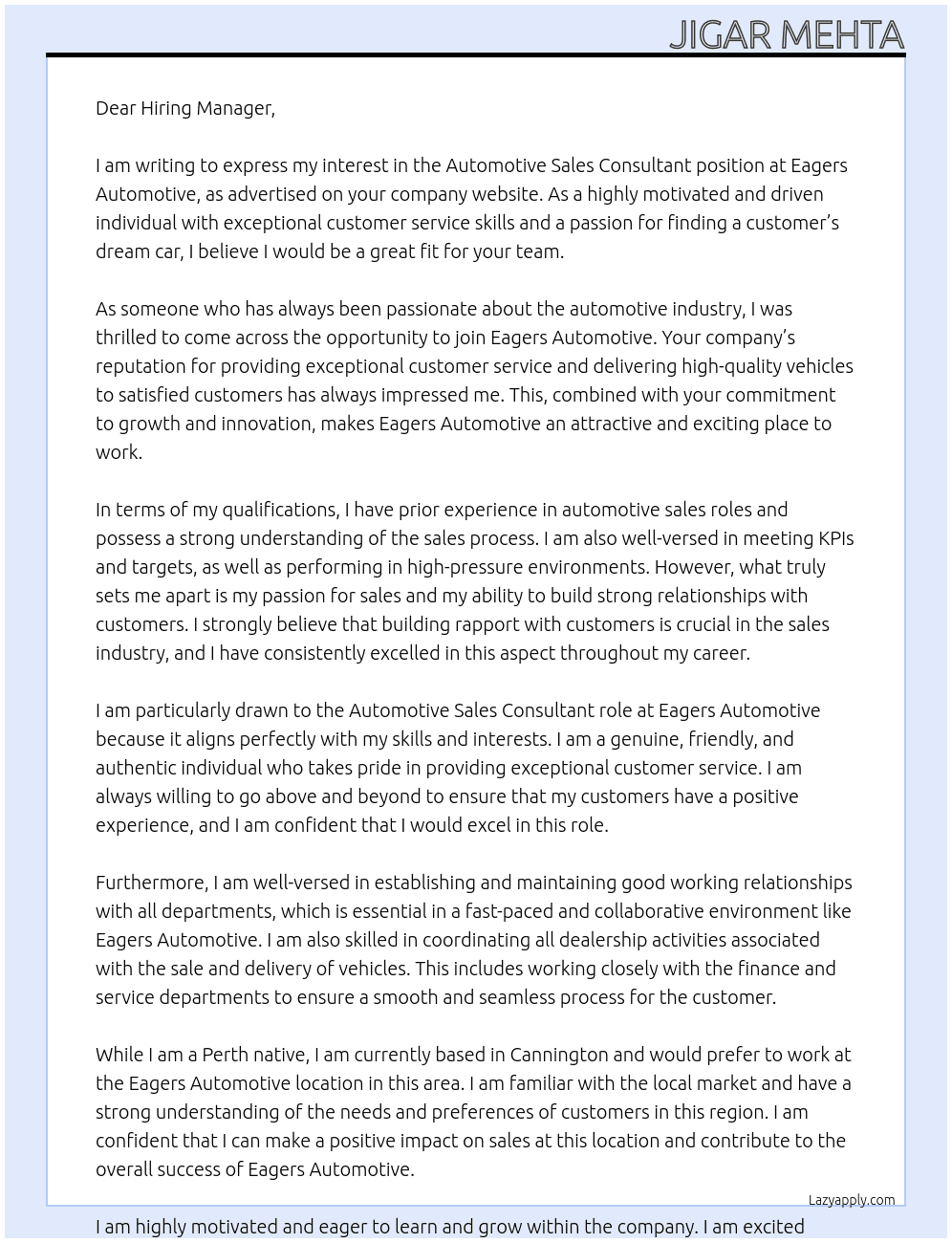 Automotive Sales Consultant At Eagers Automotive Cover Letter