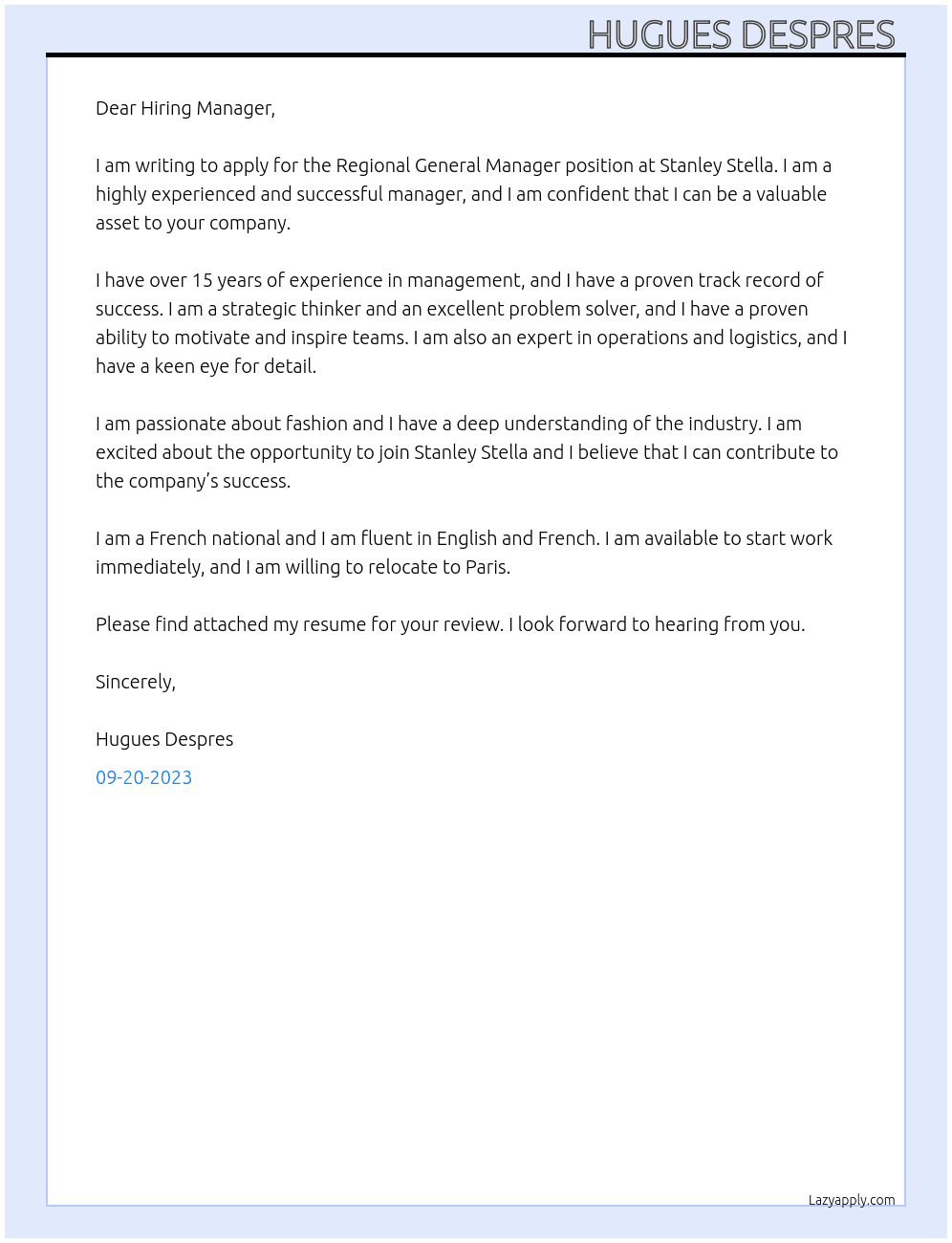 Regional General Manager  At Stanley Stella  Cover Letter