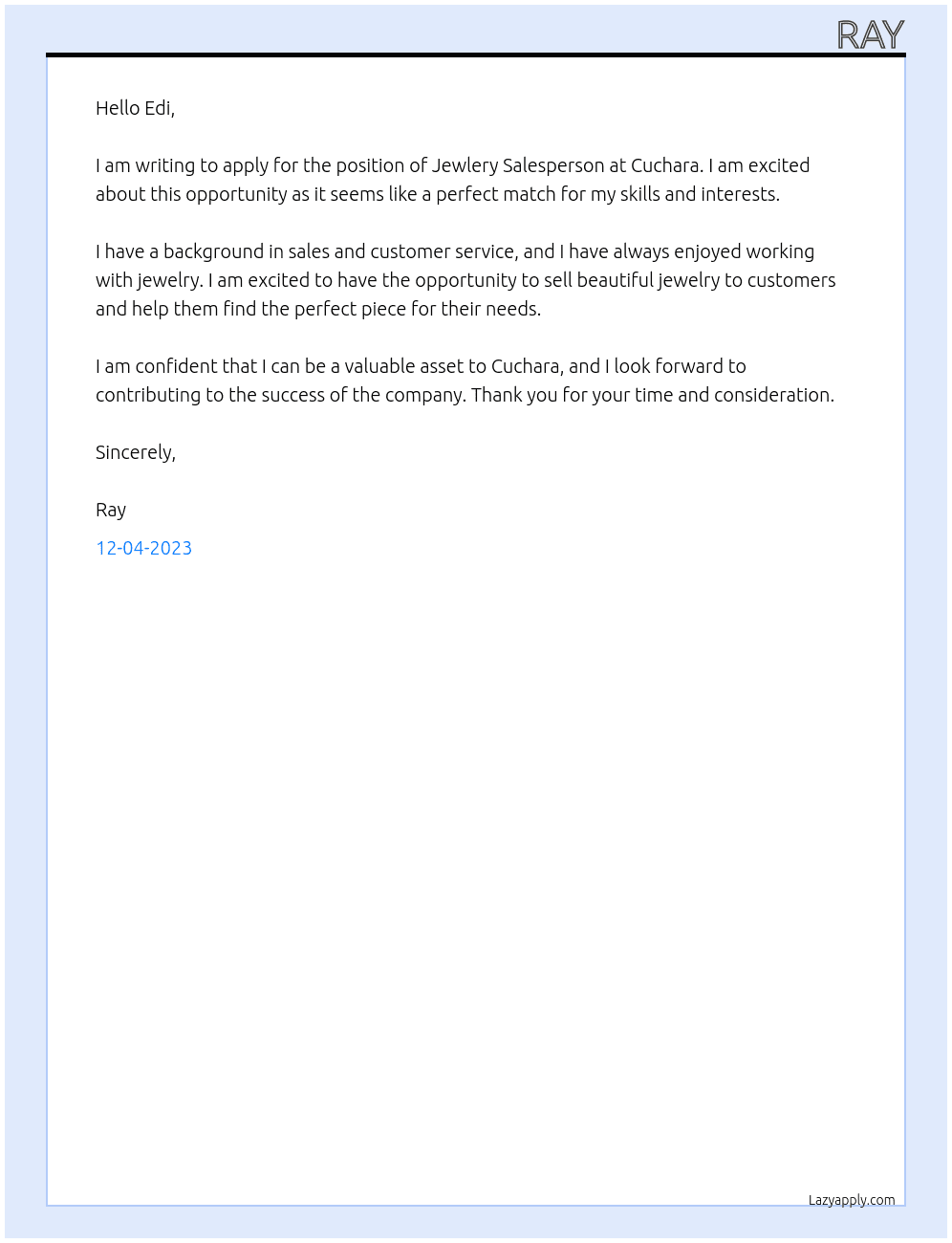Jewlery Salesperson At Cuchara Cover Letter
