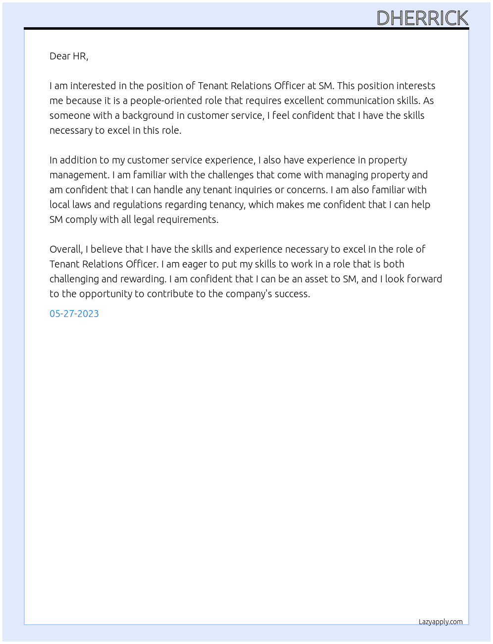 Tenant Relations Officer At SM Cover Letter