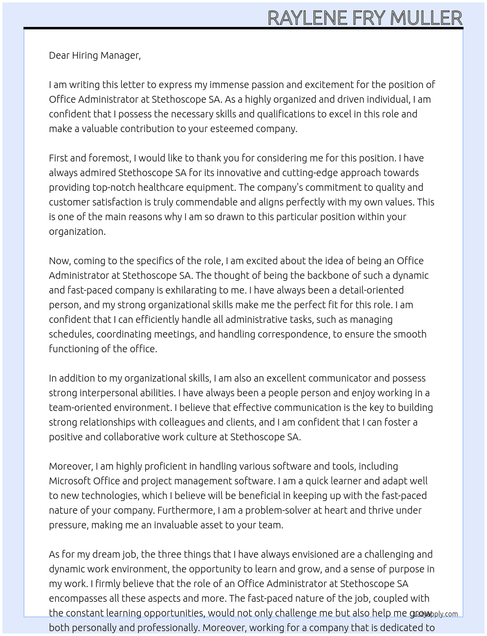 Office Administrator  At Stethoscope SA Cover Letter