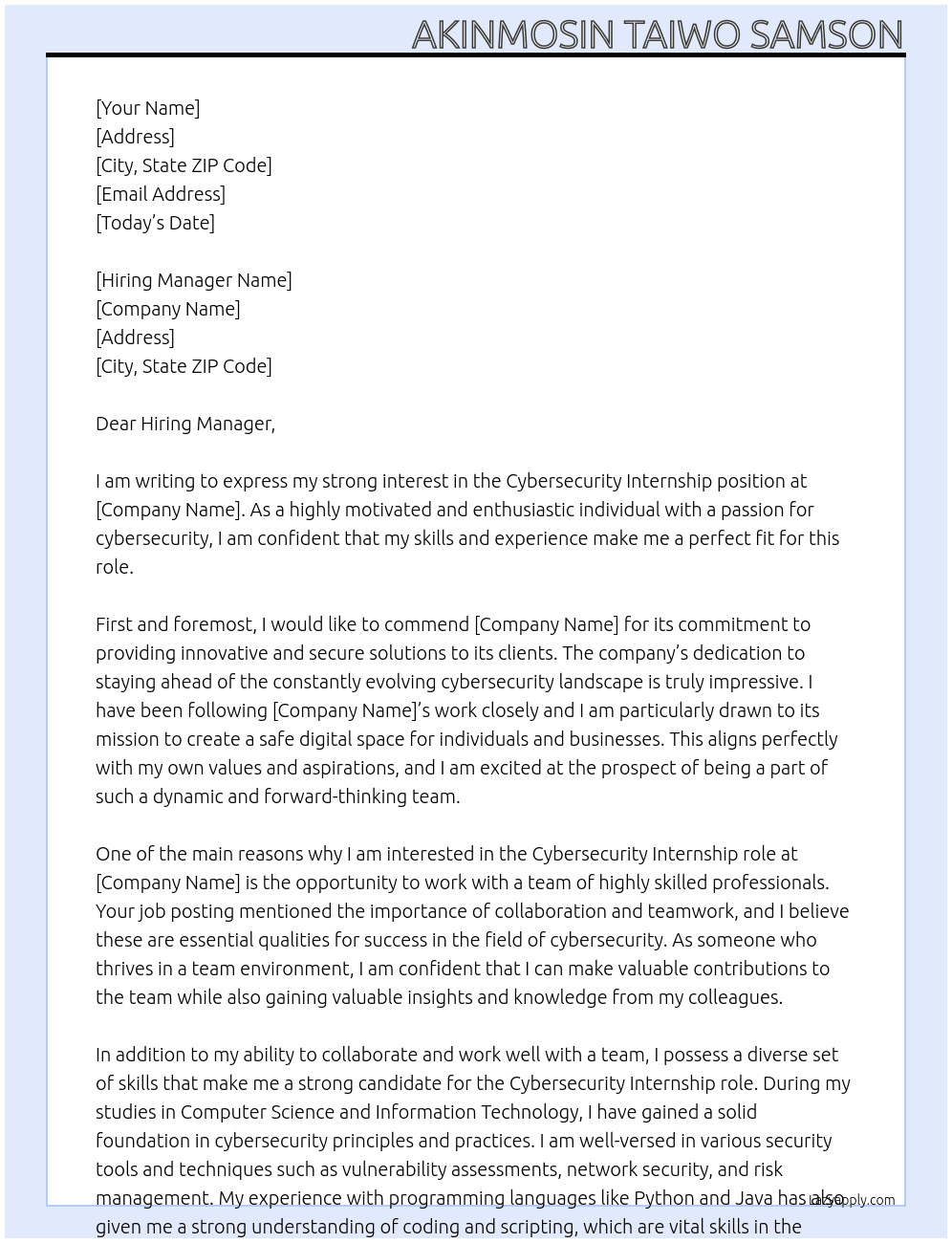 cybersecurity internship At career@digitanotion.com.ng Cover Letter