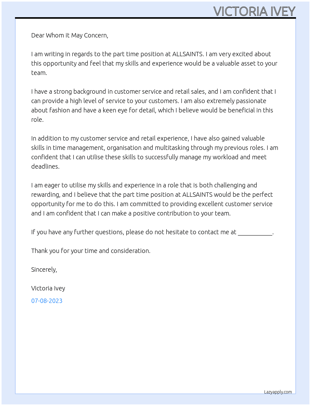 Part Time At ALLSAINTS Cover Letter