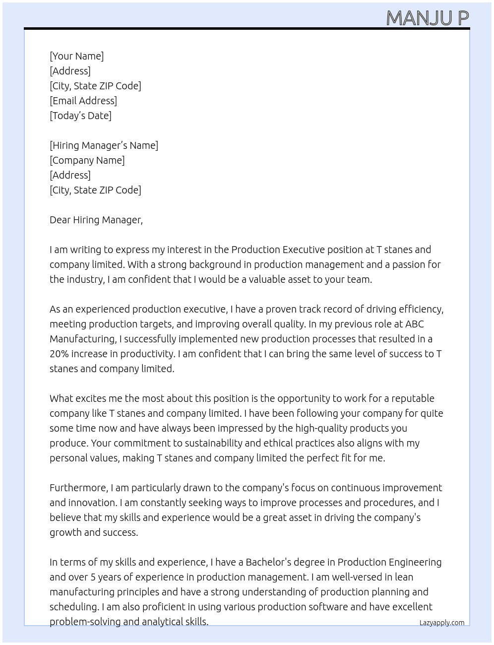 Production Exicutive At T stanes and company limited Cover Letter