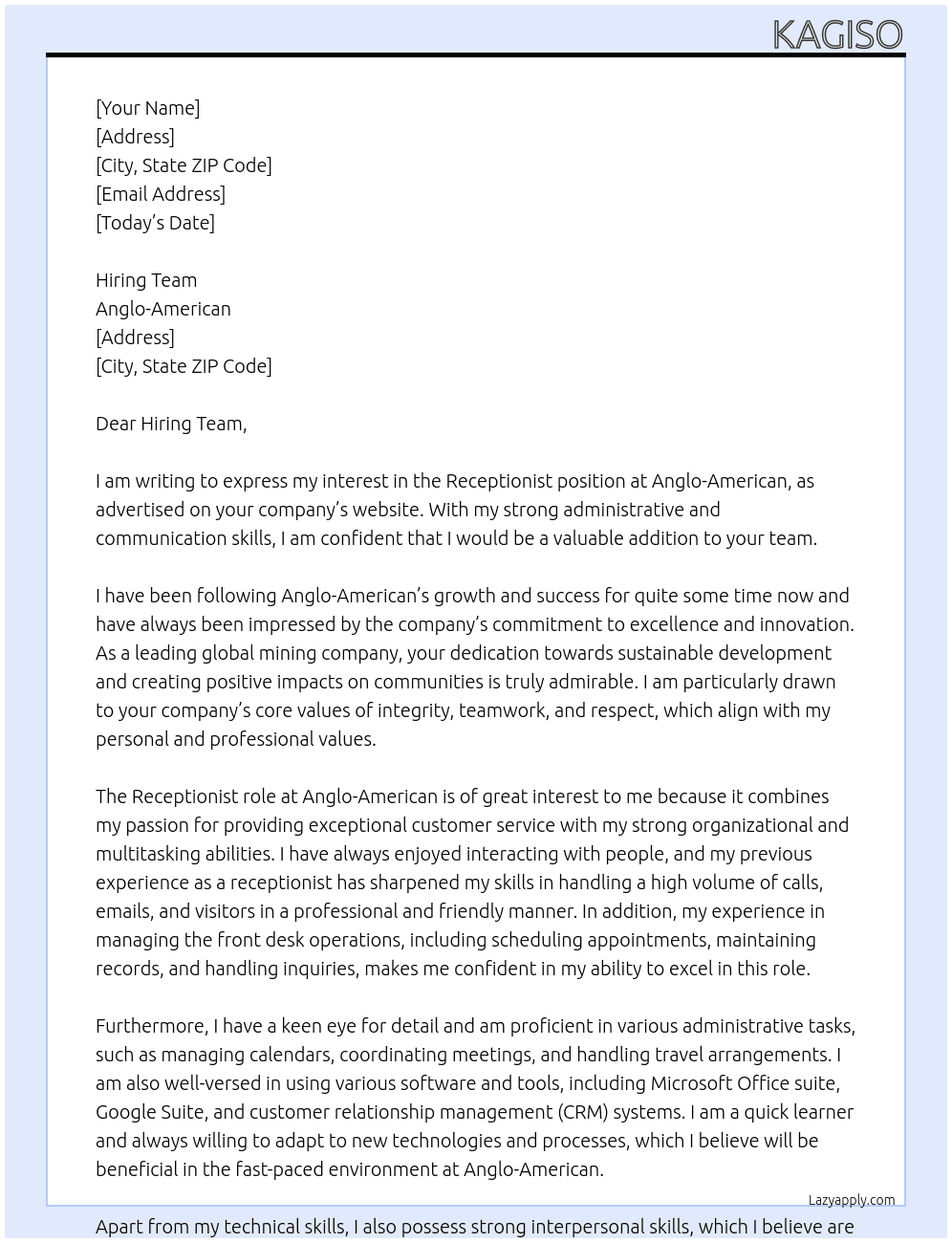 Receptionist  At Anglo-American  Cover Letter