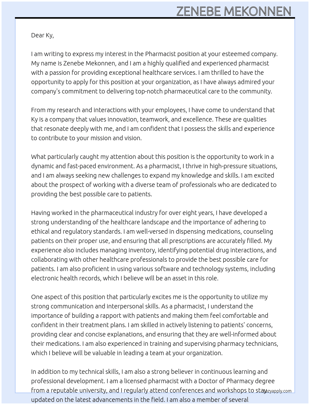 Pharmacist  At Ky  Cover Letter