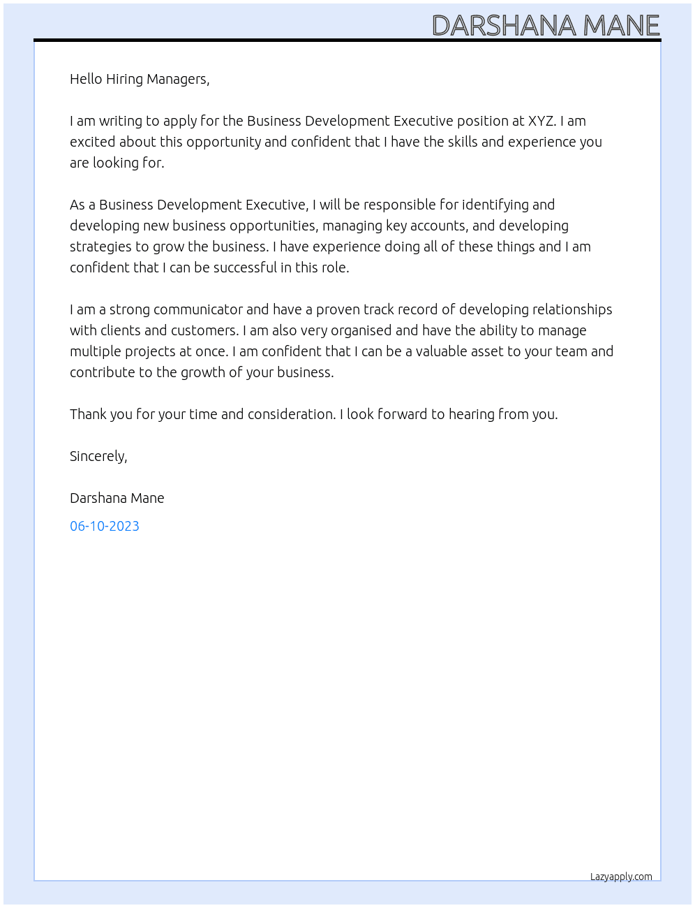 Buisness development executive At xyz Cover Letter