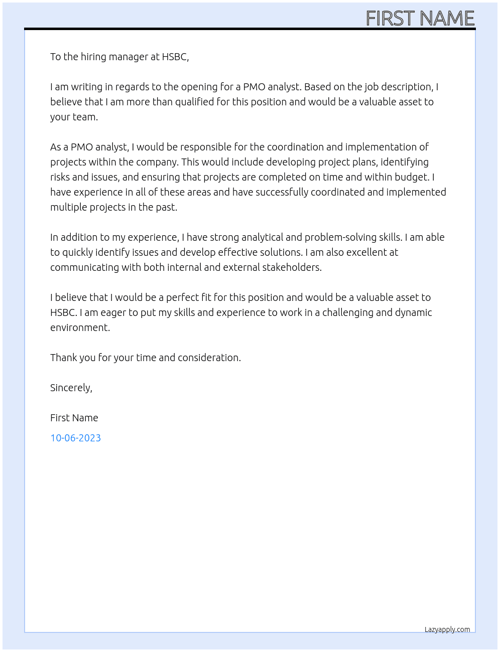 pmo analyst At hsbc Cover Letter
