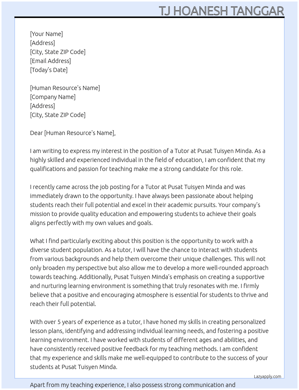 tutor At Pusat Tuisyen Minda Cover Letter