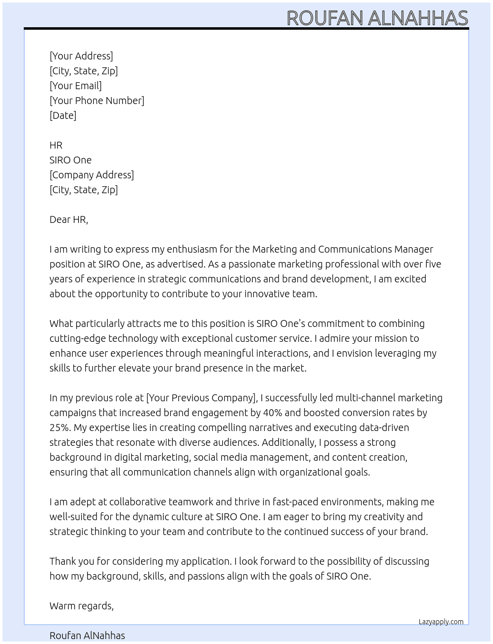 Marketing and Communications Manager  At SIRO One Cover Letter