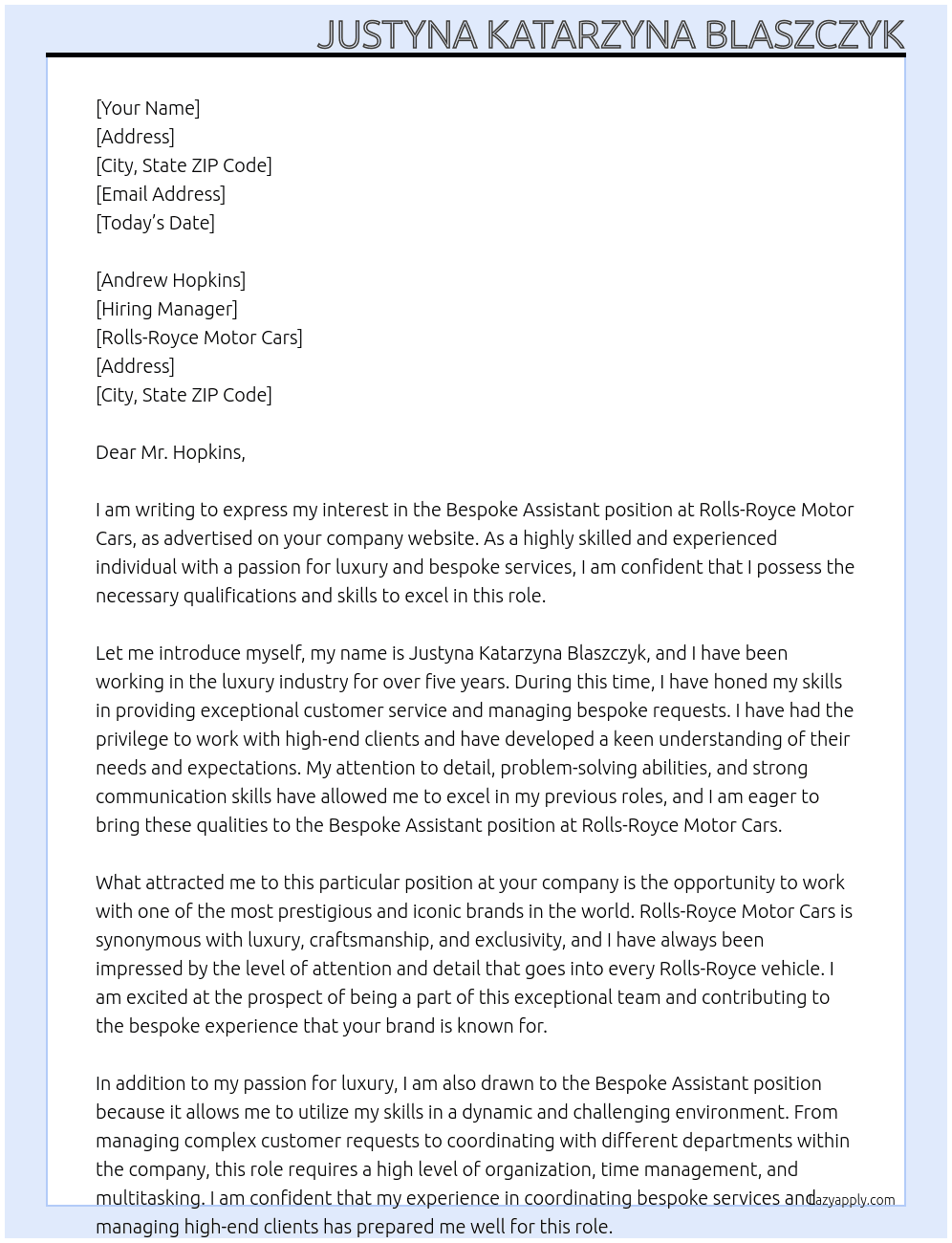 Bespoke assistant At rolls royce motorcars Cover Letter