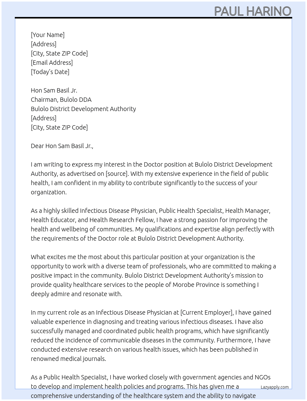 Doctor At Bulolo District Development Authority Cover Letter