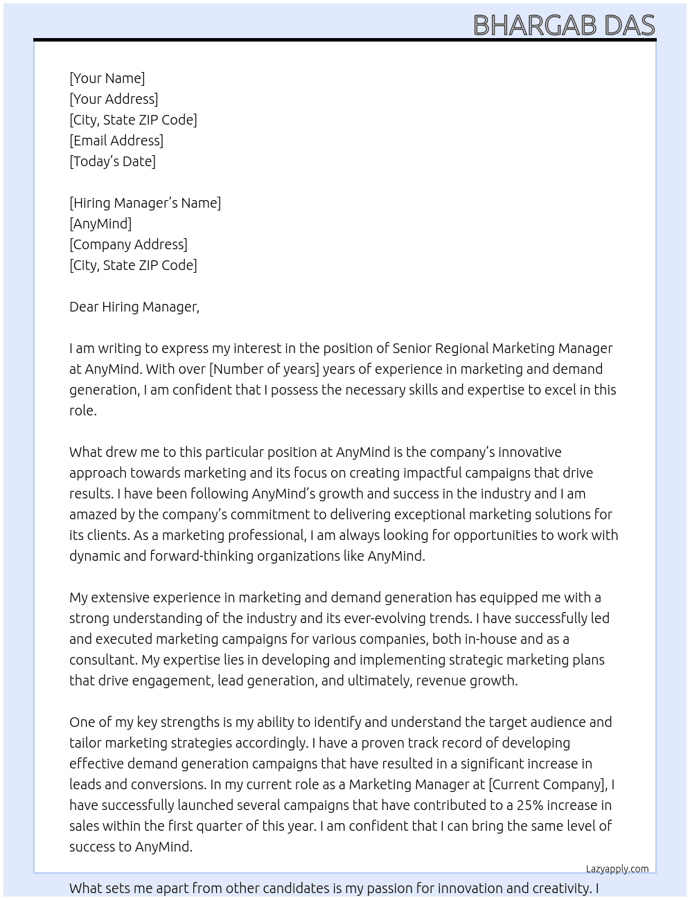 Senior Regional Marketing Manager At AnyMind Cover Letter