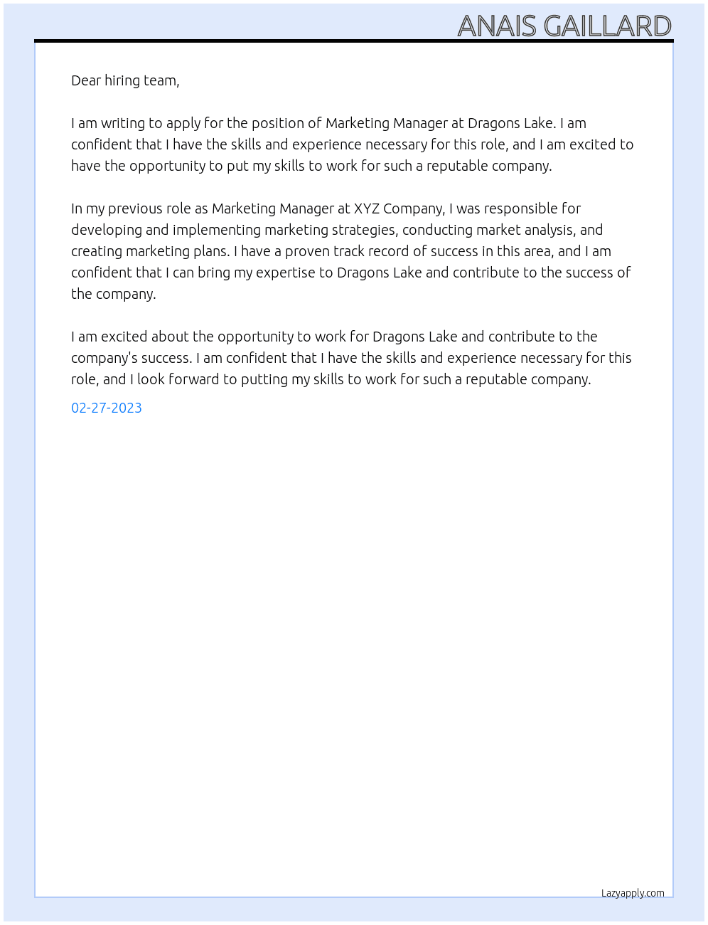 Marketing Manager At dragons lake Cover Letter